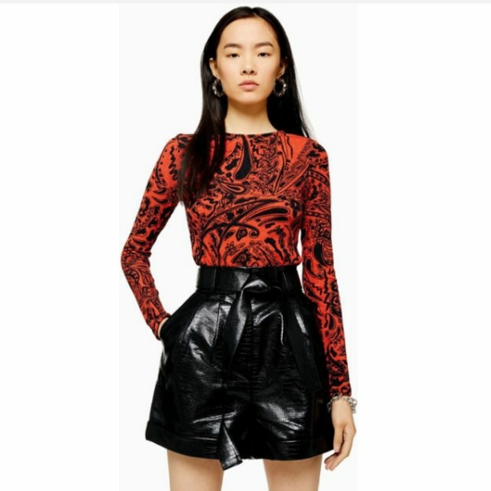 Topshop Black Faux Leather Snakeskin Belted Shorts